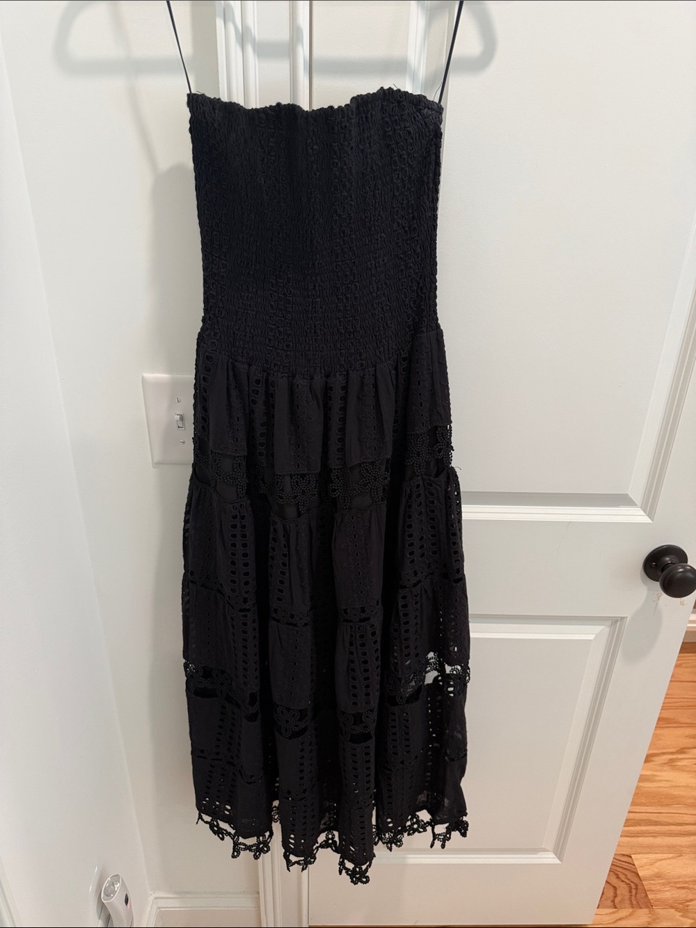Strapless Black Eyelet Tiered Midi Dress